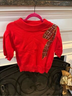 Peach Love California Red Short-Sleeve Knit Top with Plaid Bow Accent